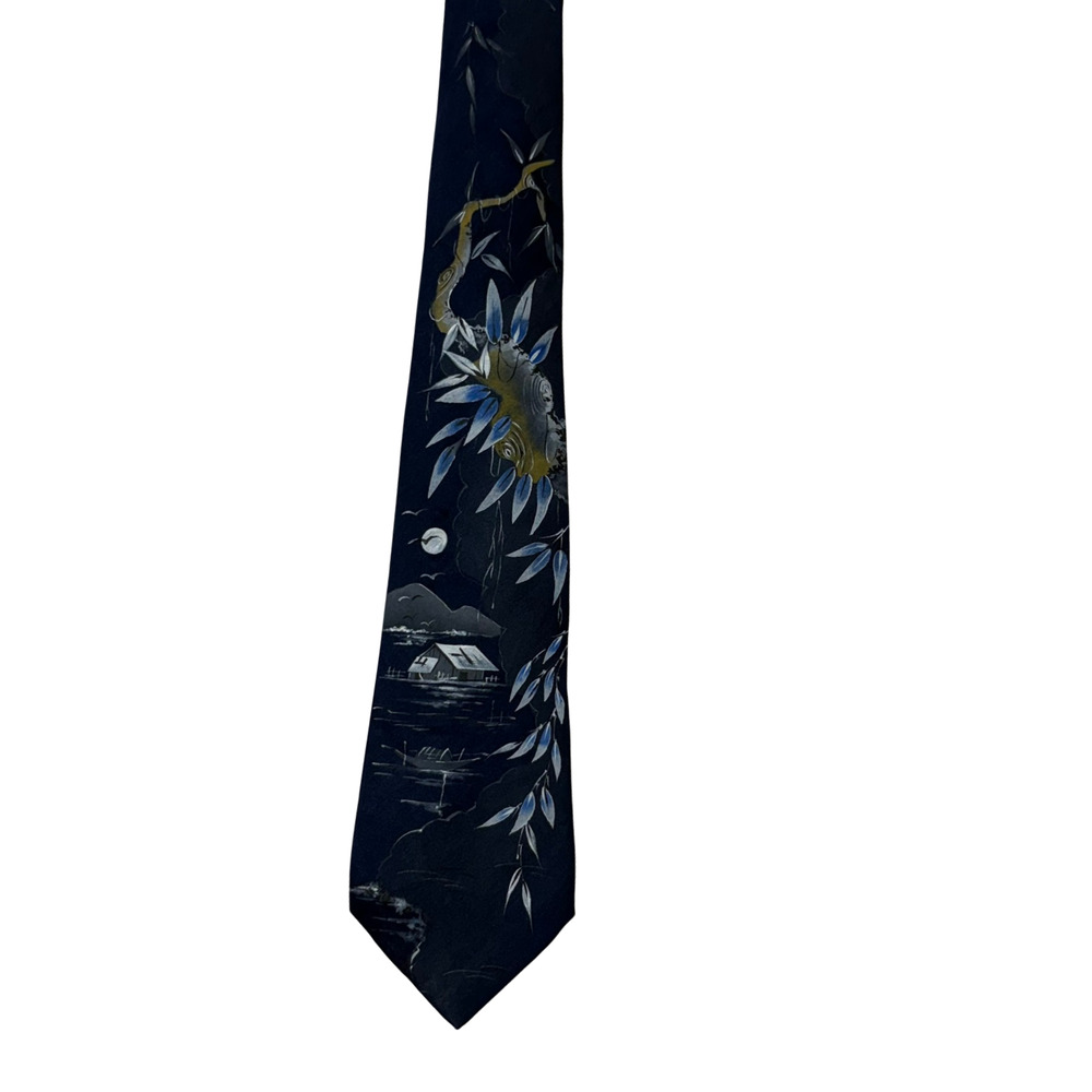 Hand Painted Tie Vintage 40s-50s Tropical Island Neck Rockabilly Navy Blue Silk